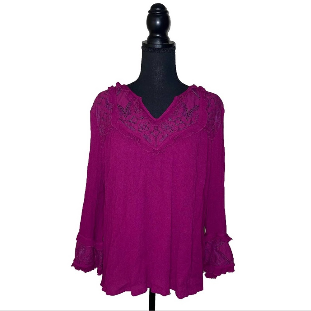 Crown & Ivy Top Long Sleeved Lace Floral Solid Purple Women’s XL